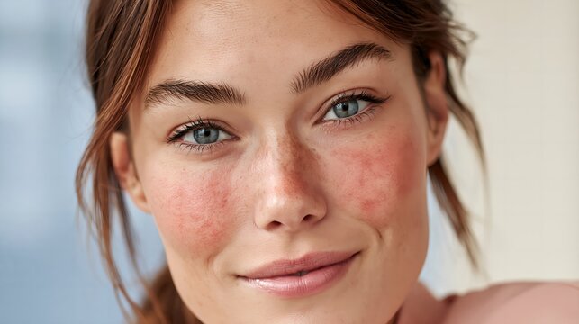 Close-up of a woman with rosacea red, irritated skin. She has soft brown hair and blue eyes