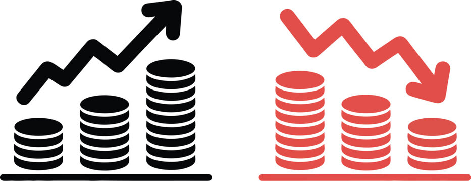 Coin stack icon set, modern flat vector icons illustrating money increase decrease with arrows for financial analytics economy trends and business performance design.