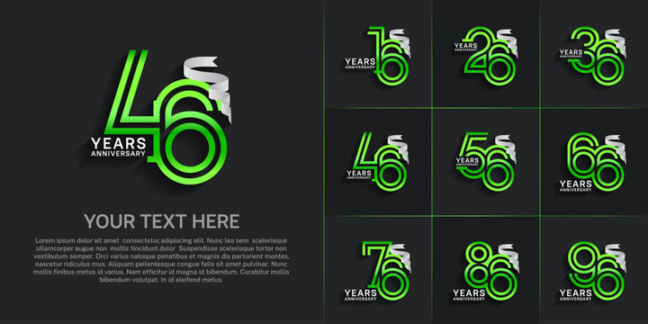 Anniversary logo style double line number set. green color and white ribbon for celebration event
