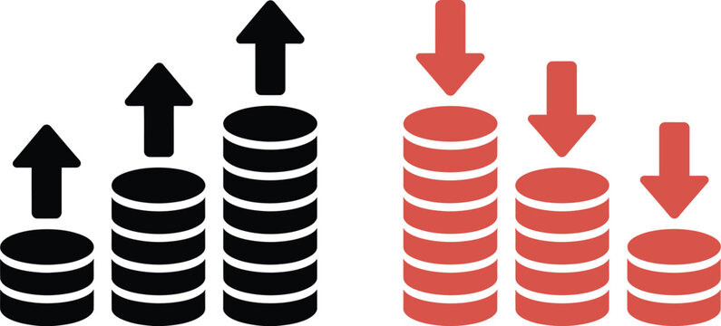 Coin stack icon set, money increase and decrease symbols with directional arrows representing financial analytics business growth decline and investment concepts.
