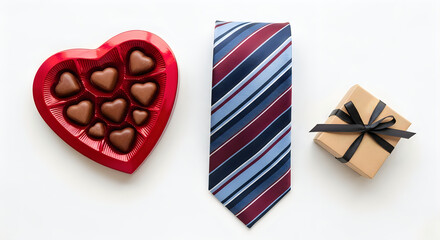 Obraz premium Valentine's day gift arrangement chocolates tie and small present