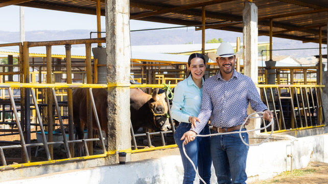 Beautiful couple being happy while they are working in the ranch. He is holding a laso to work with the cattle. They are smiling and enjoying the time together. He wears sombrero and she has braids