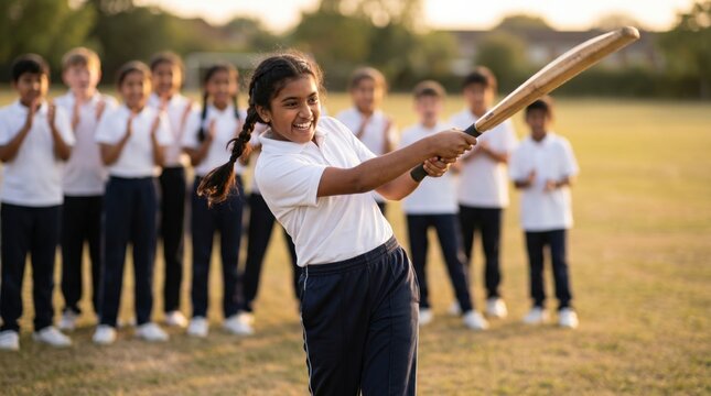Young Girl Playing Cricket with Friends on a Sunny Day.