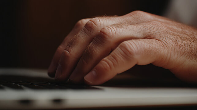 A close-up of a hand poised over a laptop keyboard, fingers ready to type, with a blurred background.