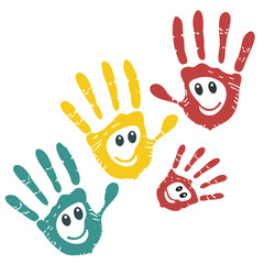Fototapeta premium Handprint characters with happy smiling faces art.