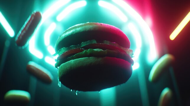 A large floating burger with layers of lettuce, tomato, and pickles, surrounded by neon lights and floating hot dogs, creates a vibrant, futuristic scene.