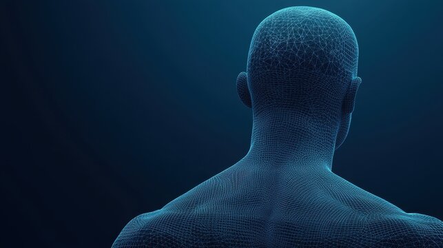 A wireframe human figure from the back is displayed against a dark blue gradient background, highlighting geometric patterns and a digital aesthetic.