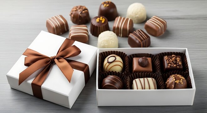Elegant assortment of gourmet chocolates in decorative box and gift wrap
