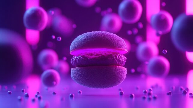 A stylized, glowing hamburger floats amidst luminous spheres against a purple and blue backdrop.