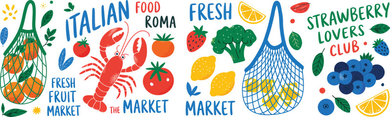 Italian, Mediterranean food and cuisine vector illustration set with lobster tomatoes lemons pasta pizza and market basket concept for banner design. © Sohel