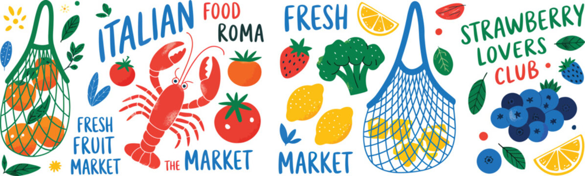 Italian, Mediterranean food and cuisine vector illustration set with lobster tomatoes lemons pasta pizza and market basket concept for banner design.