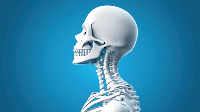 A side view of a white human skeleton against a blue background, emphasizing the skull, neck, and upper spine for clear anatomical representation.