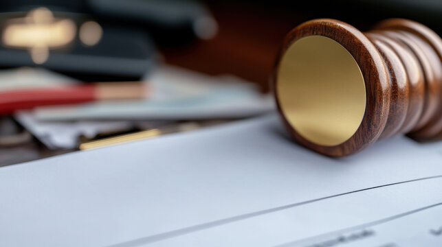 A wooden gavel rests on a stack of papers, accompanied by a pen and clipboard, evoking a professional legal setting.