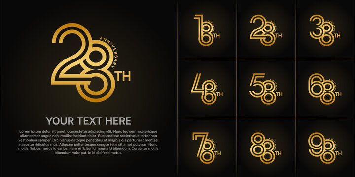 Anniversary logo style double line number set. golden color on black background for celebration event