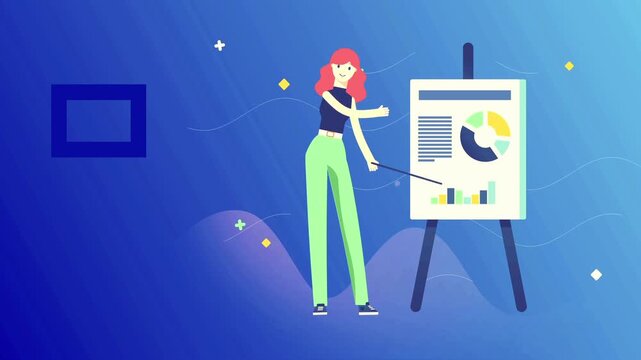 Professional data visualization animation shows a woman presenting colorful pie charts and bar graphs.