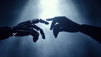 Fototapeta premium A robotic hand and a human hand reach towards each other against a dark, misty background, symbolizing the connection between technology and humanity.