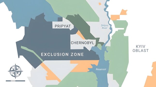 Map of Chernobyl Exclusion Zone Pripyat and Kyiv Oblast Ukraine with Dnipro River and reservoir