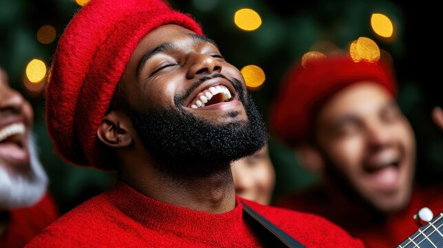 A man in a red outfit and beret joyfully sings amid background figures in red, all surrounded by soft, glowing lights.