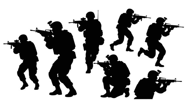 Silhouette Soldiers Aiming Rifles, Military Action Poses