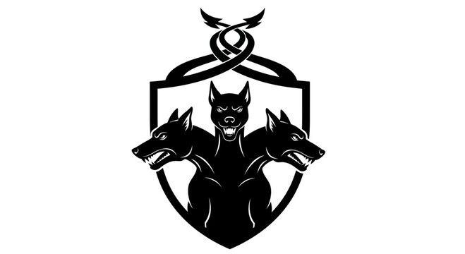 Mythological Cerberus Three-Headed Dog Shield Emblem Black and White