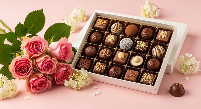 Elegant assortment box of chocolates with pink roses and decorative elements