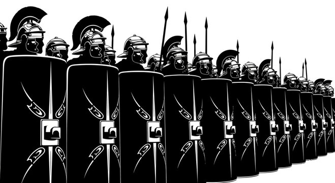 Roman Legionaries Formation Shield Wall Black and White Illustration