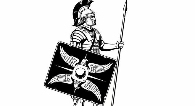 Roman Legionary Soldier with Spear and Eagle Shield, Ancient Warrior Illustration