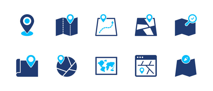 Map navigation icon set. location, route, gps, direction, travel. solid style icon collection.