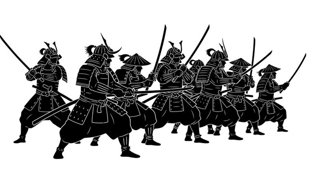 Samurai warriors army formation, silhouette, historical japan, fighting stance