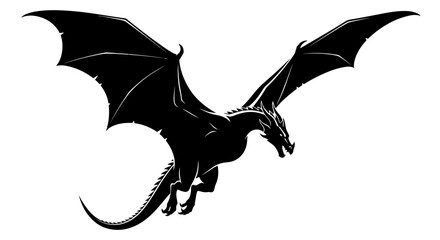 Fototapeta premium Silhouette of a mythical dragon in flight, fantasy creature with large wings, white background