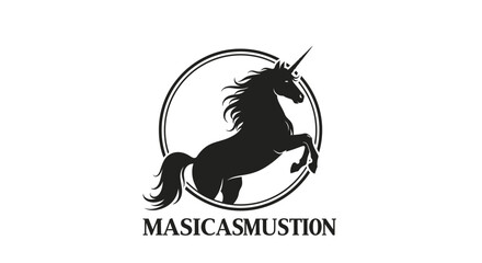Silhouette of a rearing unicorn with a mane in a circle logo © punduh