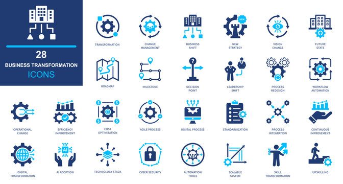 Business transformation icon set. strategy, process, change, innovation, management. solid style icon collection.