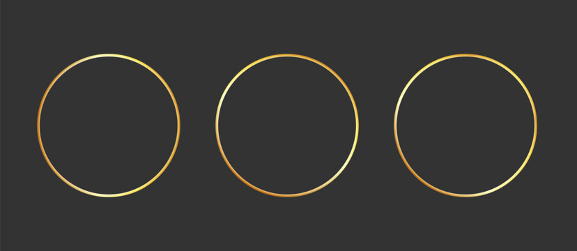 Gold golden frame ring set. Gold circular round frame line glitter luxury thin outline border. Whimsical doodle sparkle light metal effect for wedding logo decoration. Vector illustration