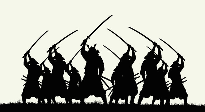 Silhouette Samurai Warriors Battling with Swords on Grass Field