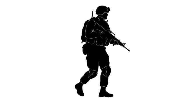 Silhouette Soldier Walking with Rifle, Military Figure, Combat Ready
