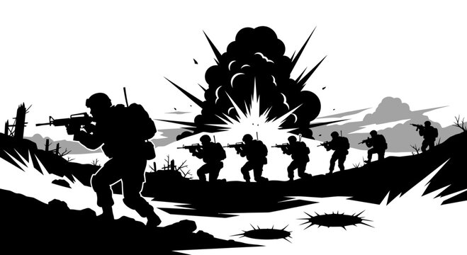 Silhouette soldiers advancing through battlefield with explosion and barbed wire