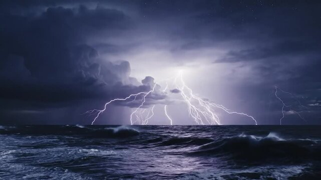 Stormy weather with lightning over ocean.