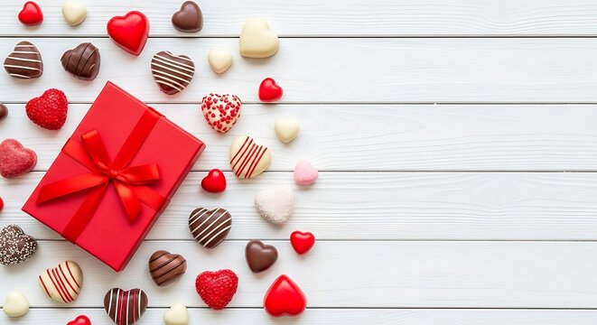 Assorted chocolates and a red gift box on a light background