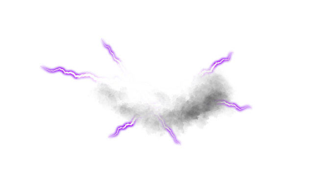 Storm cloud with purple lightning bolts on transparent background