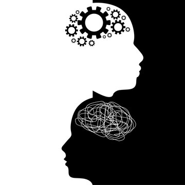 Metaphor bipolar disorder mind mental. Split personality. Concept mood disorder. Two head silhouette. Psychology and mental health. Dual personality concept. Tangle knot and gears as brain.