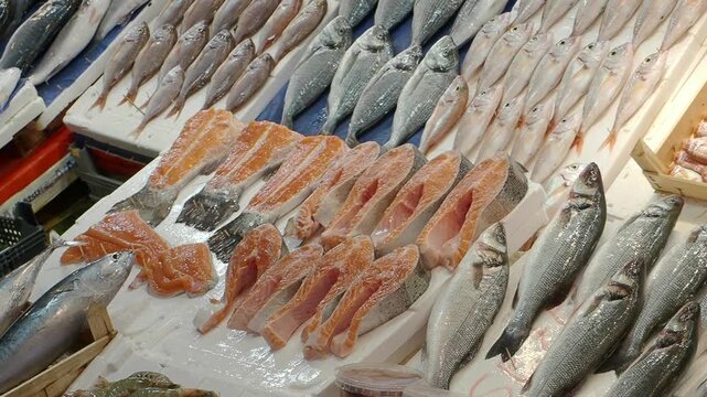 Fresh seafood display at local market in early morning
