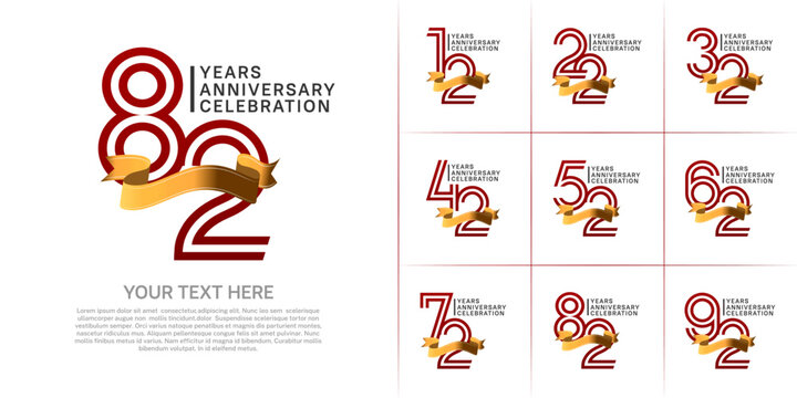 Anniversary logo type set with double line number. red color with gold ribbon for celebration event