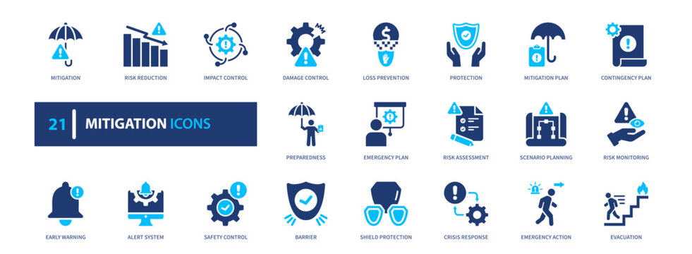 Risk mitigation icon set. protection, security, prevention, safety, management. solid style icon collection.