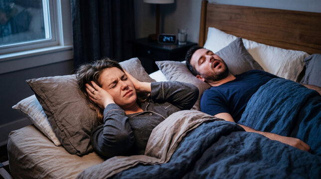 Sleepless Nights: Capturing a couple in the throes of sleep disturbance, where the shared bedroom transforms into a soundscape of snoring, affecting both partners' peace. 