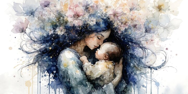 Impressionistic watercolor of mother and child with floral elements, hand painted