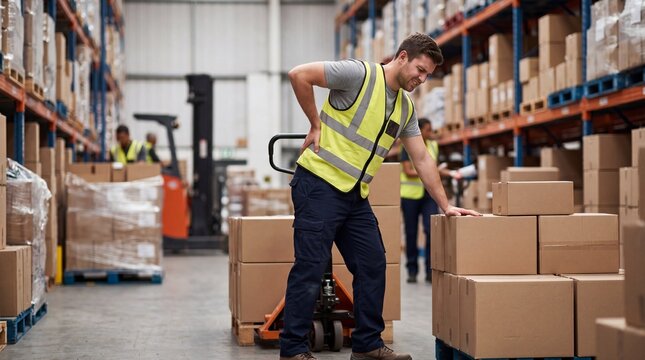 warehouse worker wearing a high-visibility vest grimacing and holding his lower back in pain while standing next to a pallet jack loaded with heavy cardboard boxes