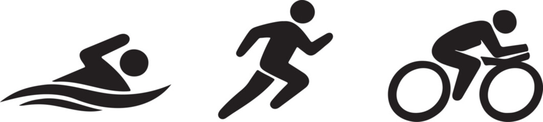 Fototapeta premium triathlon icons set swimming running cycling sports silhouette athlete competition symbols vector illustration