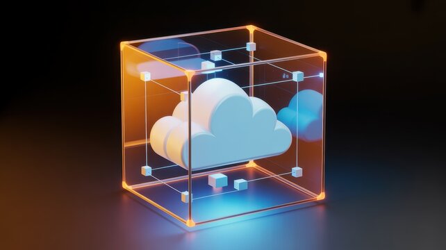 premium Abstract glowing cube with cloud inside, representing cloud computing or data storage, against a dark background background