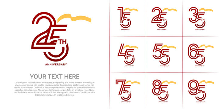 Anniversary logo type set with double line number. red color with yellow long ribbon for celebration event