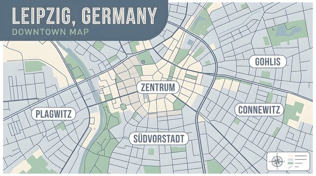 Leipzig Germany Downtown Map Illustration with District Labels and Compass Rose